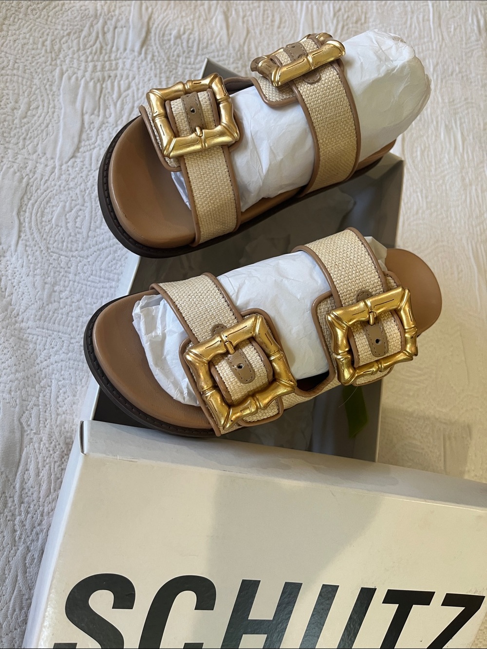 SCHUTZ Tan-Beige raffia and leatherDouble Buckle Slide Sandals with Gold Buckles